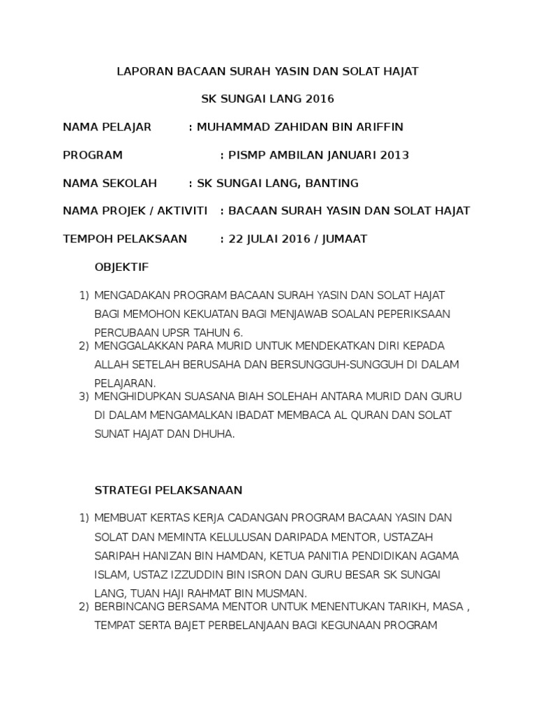 Laporan Bacaan Surah Yasin Dan Solat Hajat