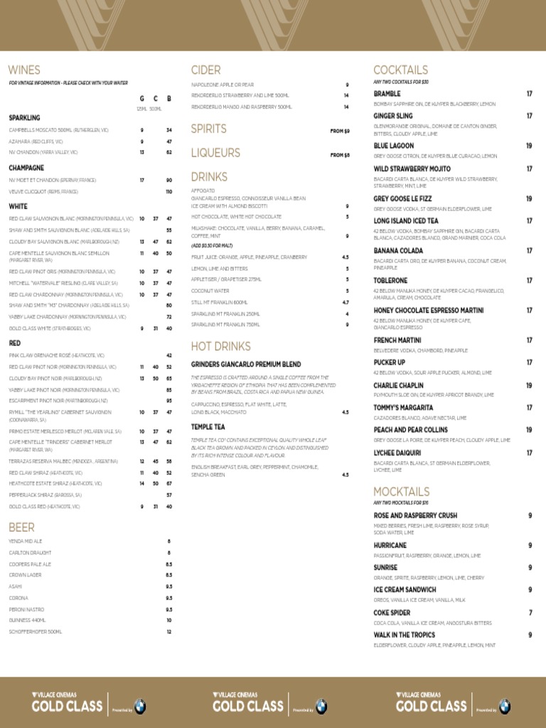 Gold Class Wine and Beverage Menu | PDF | Salad | Cuisine