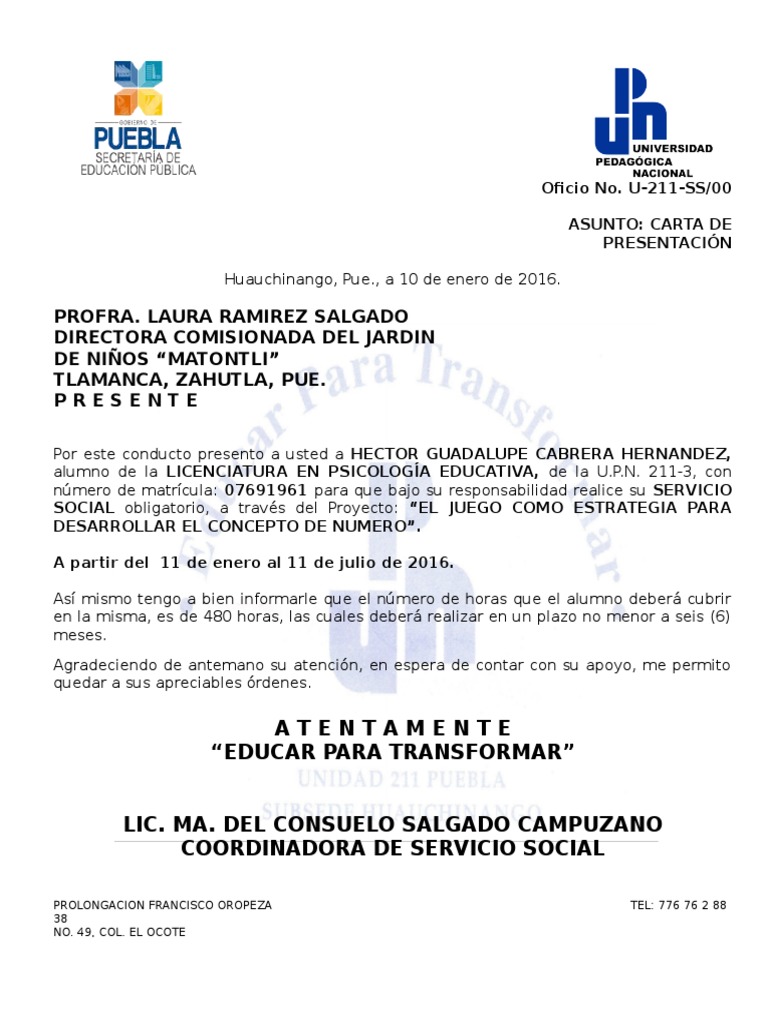 Carta de Presentación de Servicio Social