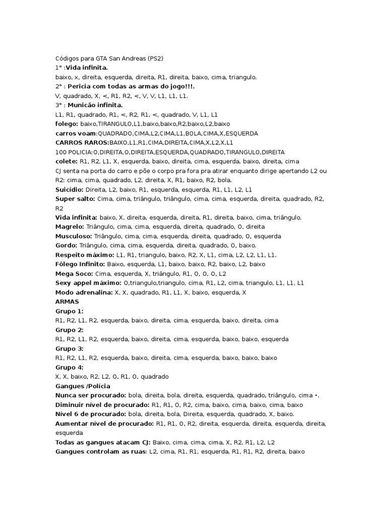 C Digos Para GTA San Andreas PDF Tr Fego T Xi 1716162312