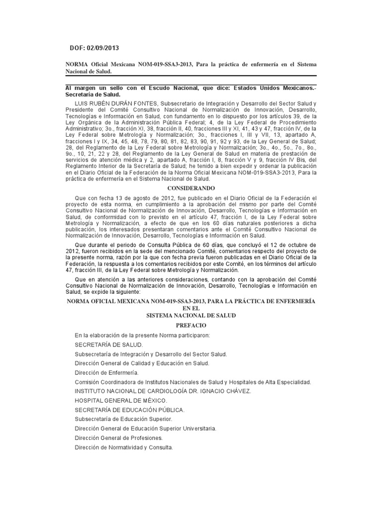 NOM019SSA32013, Para La Práctica de Enfermería en El