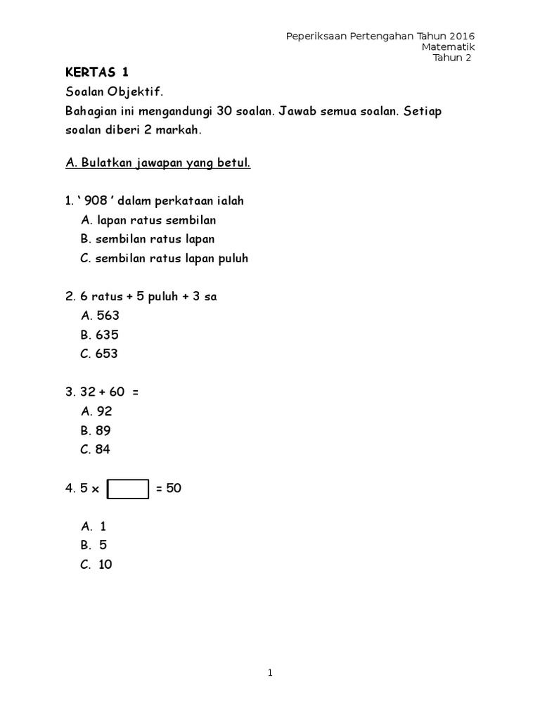 Soalan Objektif Matematik Pdf