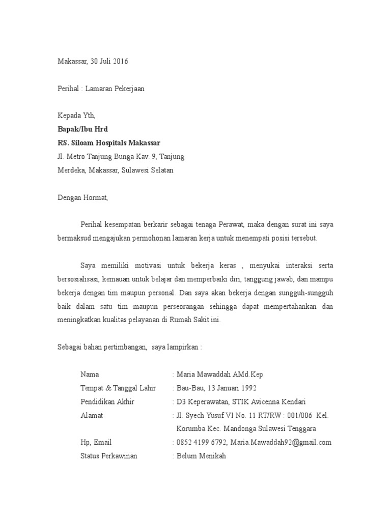 Contoh Surat Lamaran Kerja Di Rumah Sakit PDF