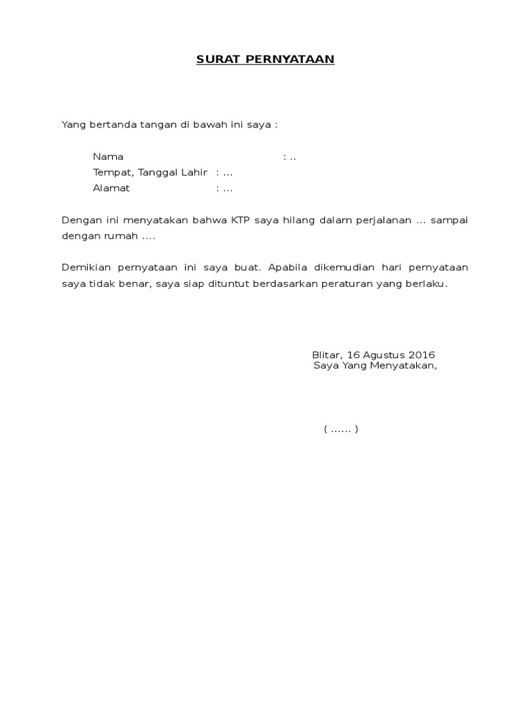 Surat Pernyataan Kehilangan KTP | PDF