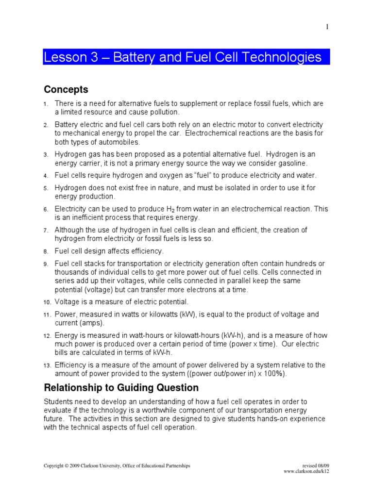 Lesson 3 - Battery and Fuel Cell Technologies: Concepts | PDF