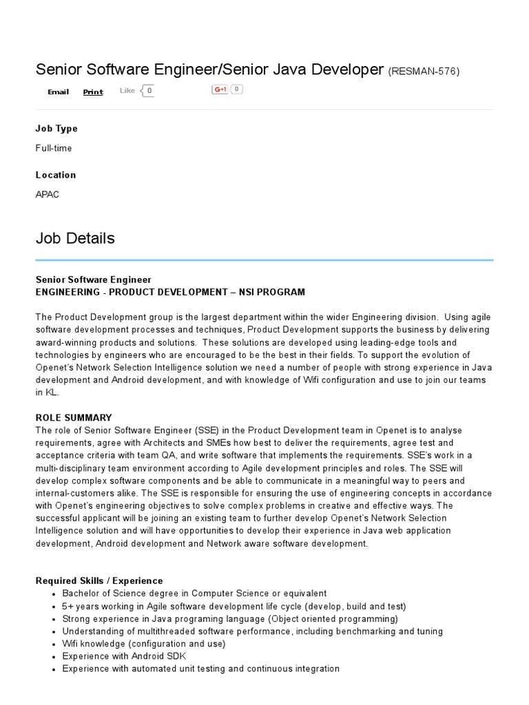 Senior Software Engineer/Senior Java Developer: (RESMAN 576) | PDF