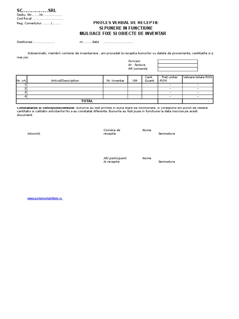 Proces Verbal Receptie Mijloace Fixe Xls