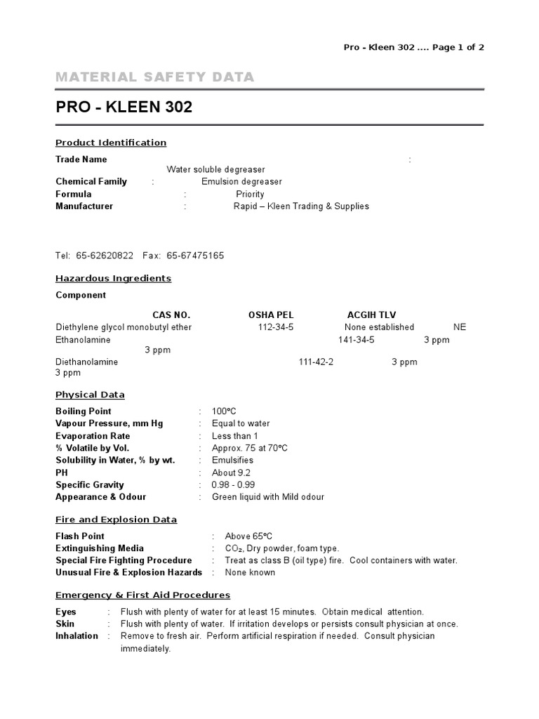 Pro Kleen MSDS Combustion Personal Protective Equipment