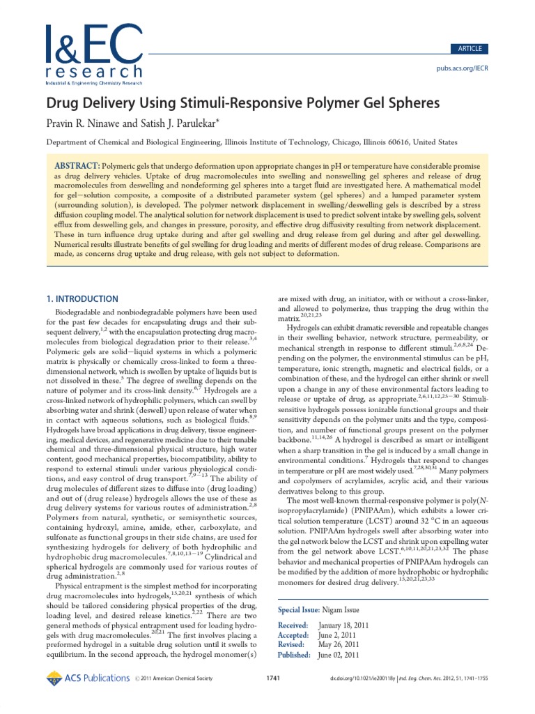 Drug Delivery Using Stimuli-Responsive Polymer Gel Spheres | PDF | Gel ...