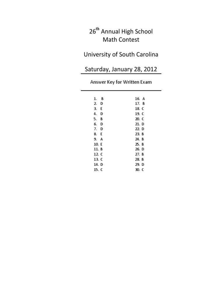 High School Math Contest Answers | PDF