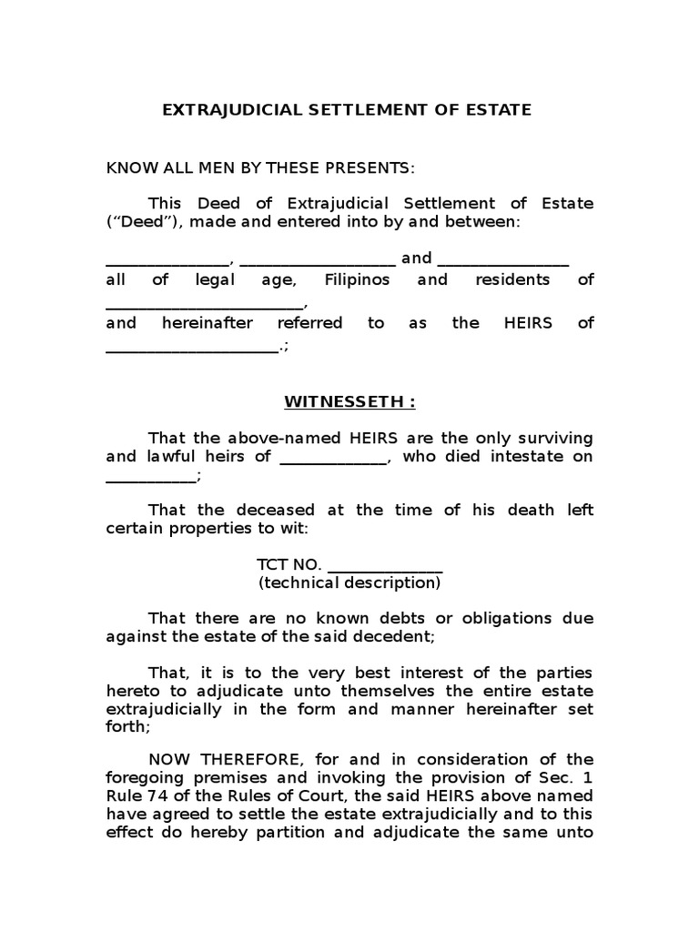 Extrajudicial Settlement of Estate PDF Deed Inheritance