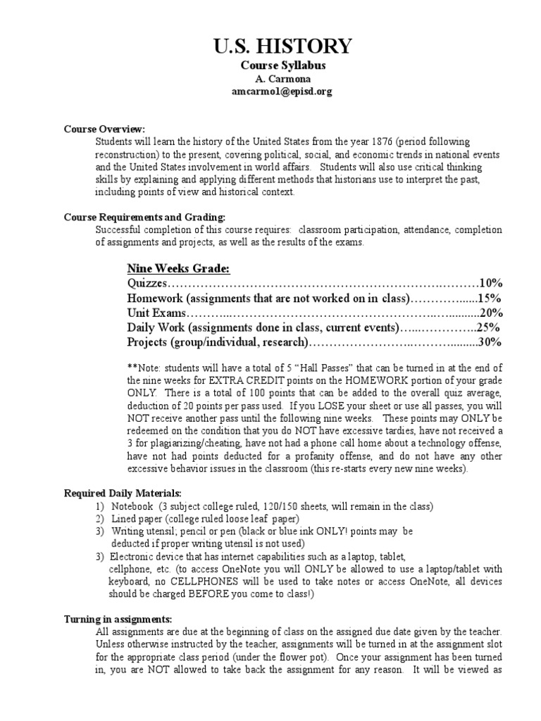 U.S. History Course Syllabus Overview | PDF | Homework | Plagiarism