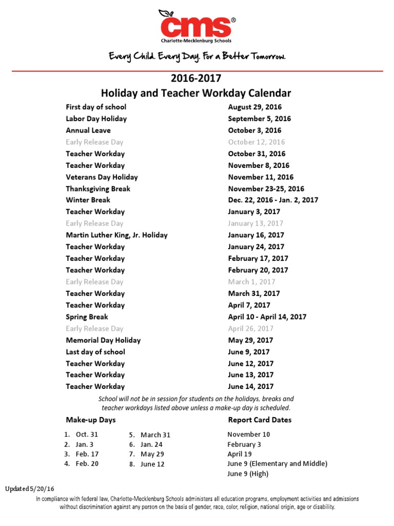 20162017 HolidayTeacher Workday Calendar 052016 PDF