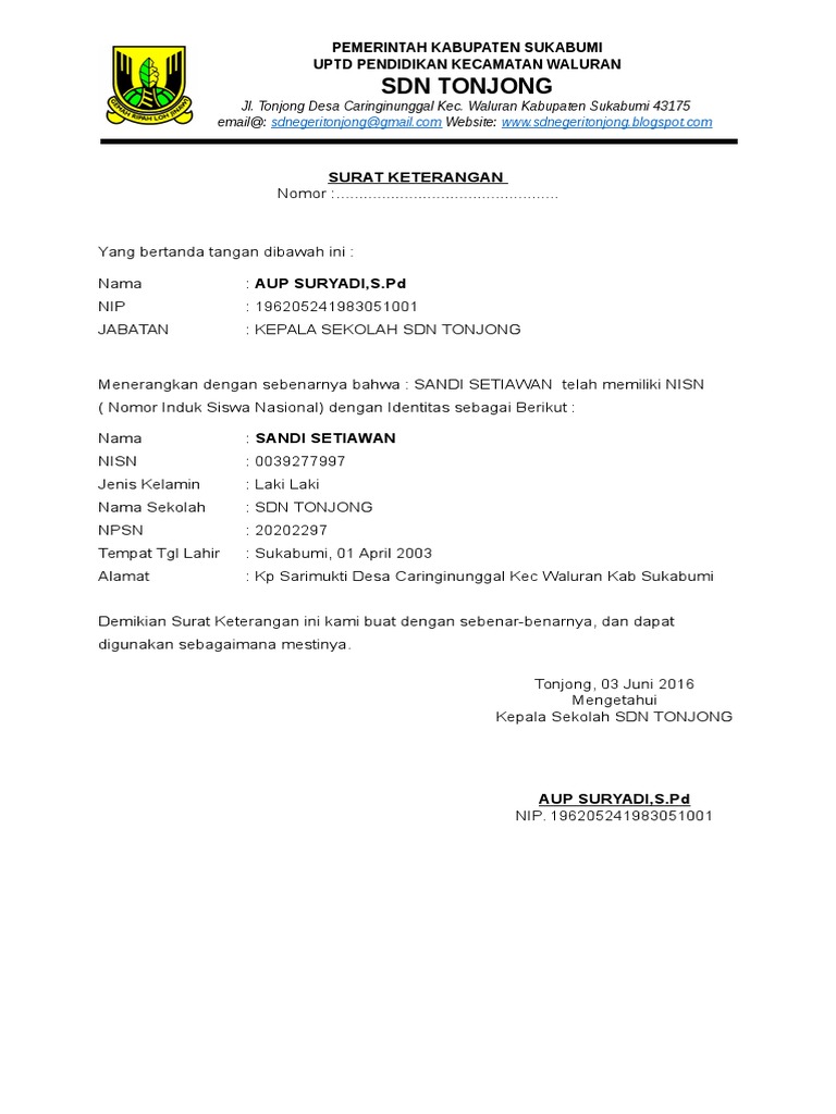 Surat Keterangan Validasi Nisn