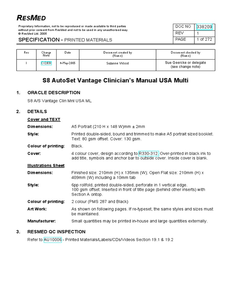 ResMed Autoset Vantage Clinicians Manual | Sleep Apnea | Menu (Computing)