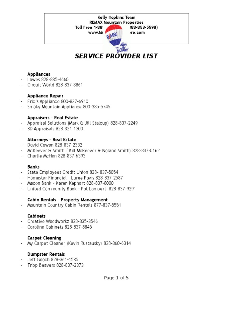 service provider list Home Industries