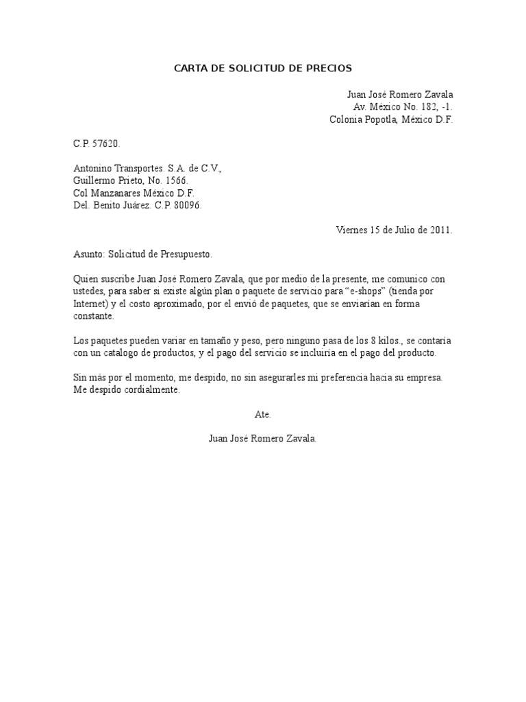 Carta De Solicitud De Precios Pdf Empresas Derecho Corporativo