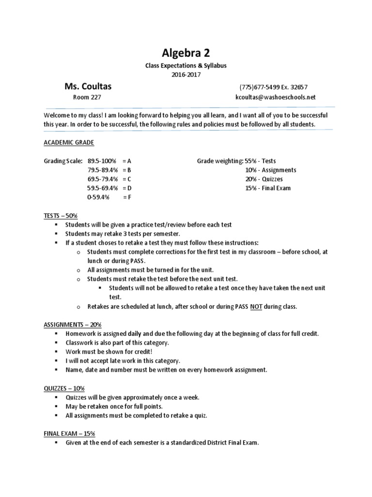 Algebra 2 Syllabus PDF Homework Test (Assessment)