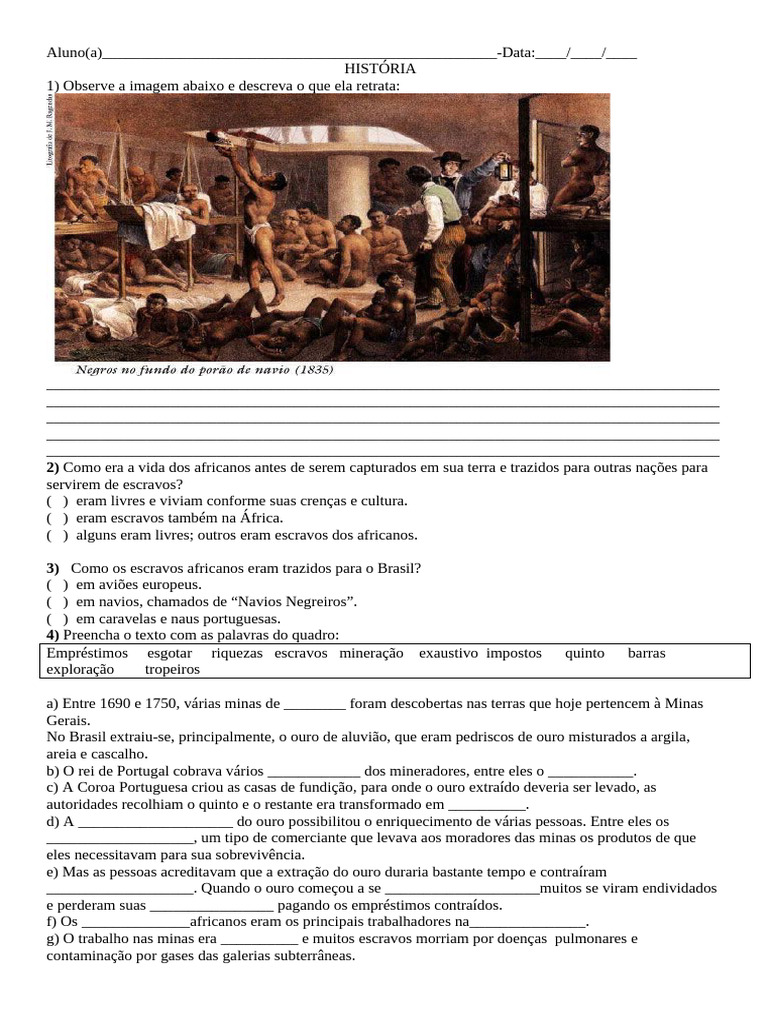 Atividades História Escravidão 5º Ano | PDF | Escravidão | Brasil