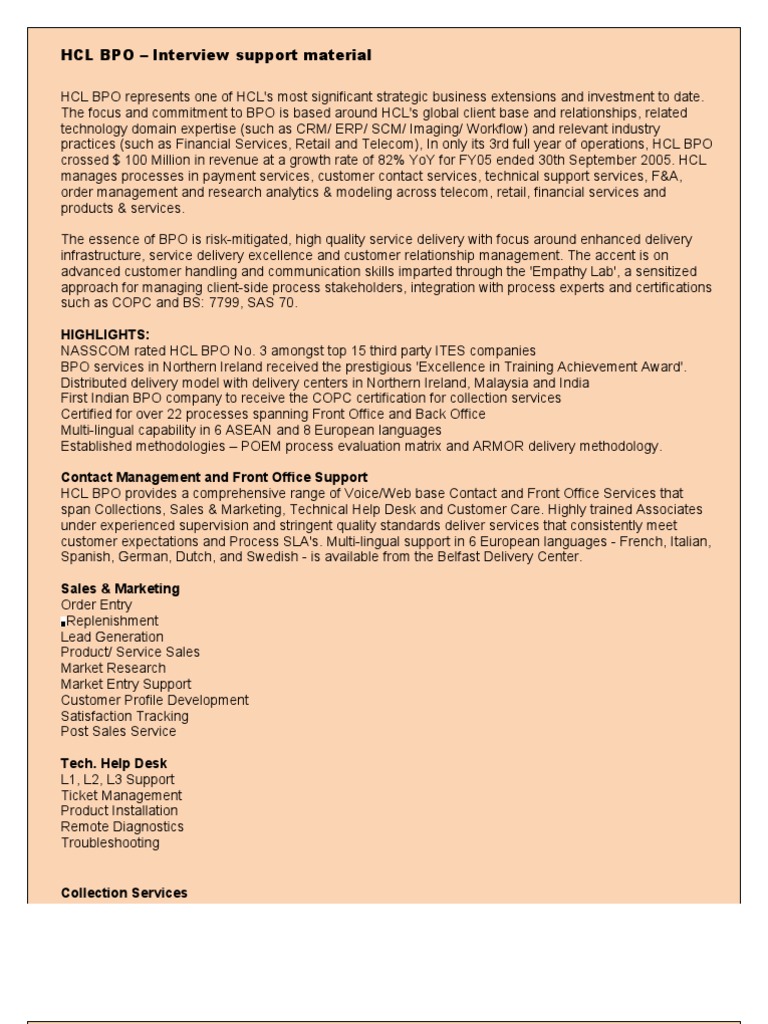 Hcl Bpo Interview Support Material Hyperlink Computer Network