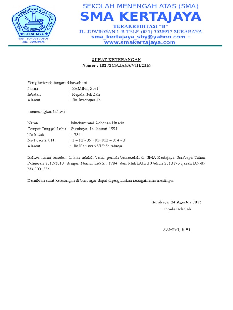 Surat Keterangan Pernah Bersekolah