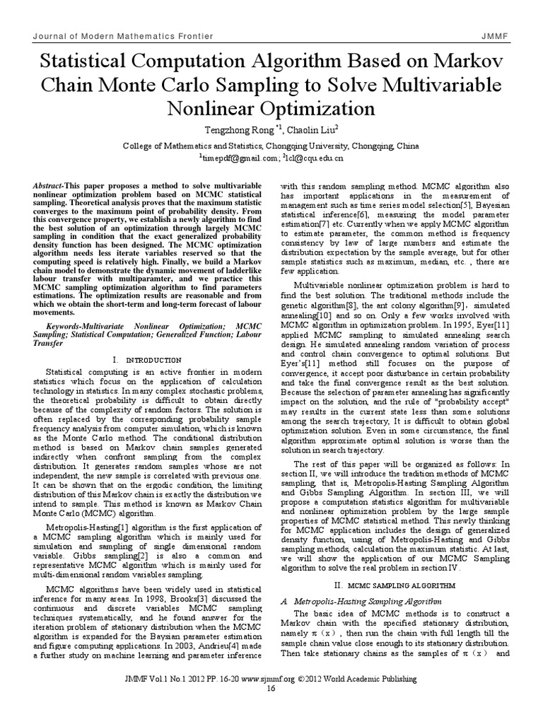 Statistical Computation Algorithm Based On Markov Chain Monte Carlo ...
