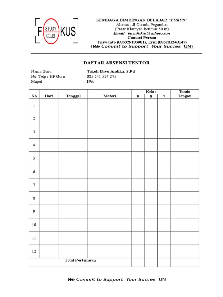 Daftar Absensi Tentor Lembaga Fokus | PDF | Karier & Perkembangan ...