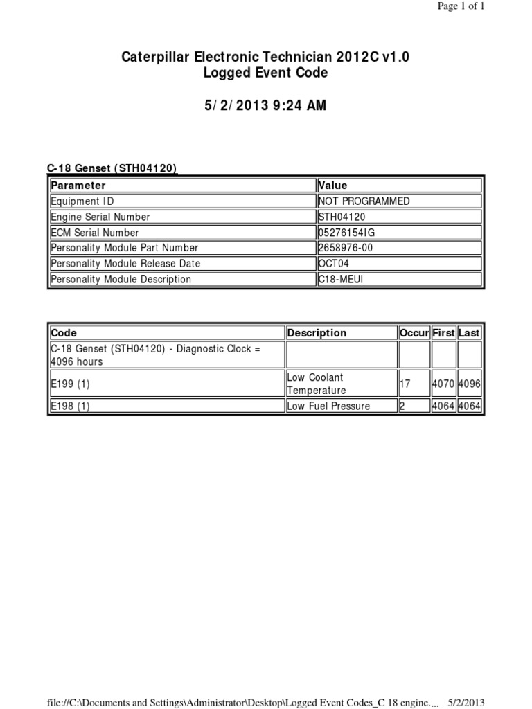 Logged Event Codes - C 18 Engine. | PDF