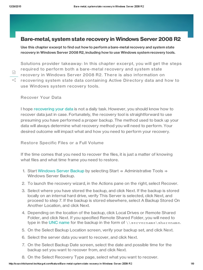 Bare Metal System State Recovery In Windows Server 08 R2 Backup Microsoft Windows
