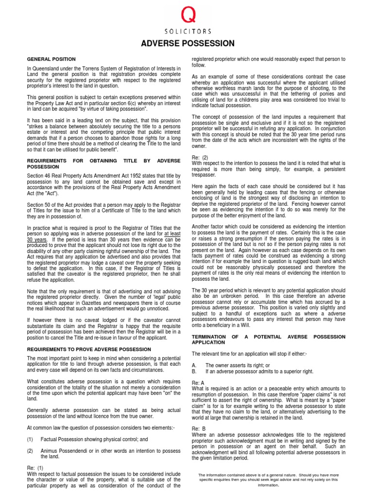 Adverse Possession | PDF | Adverse Possession | Possession (Law)