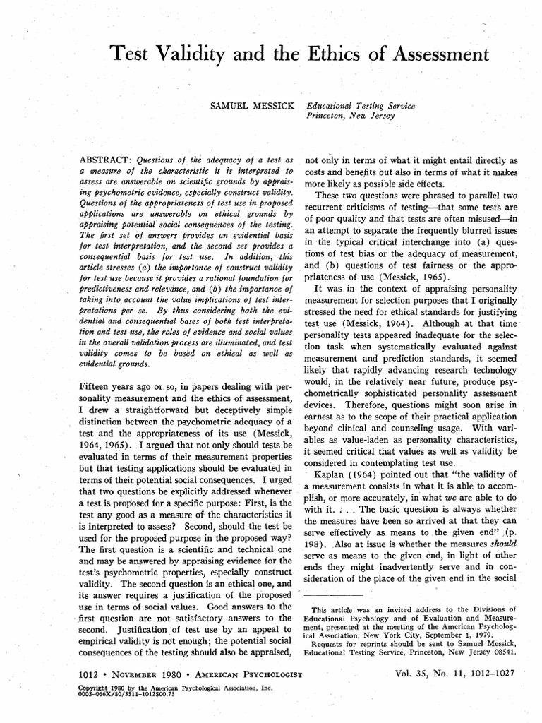 Messick, 1980 | PDF | Validity (Statistics) | Psychometrics