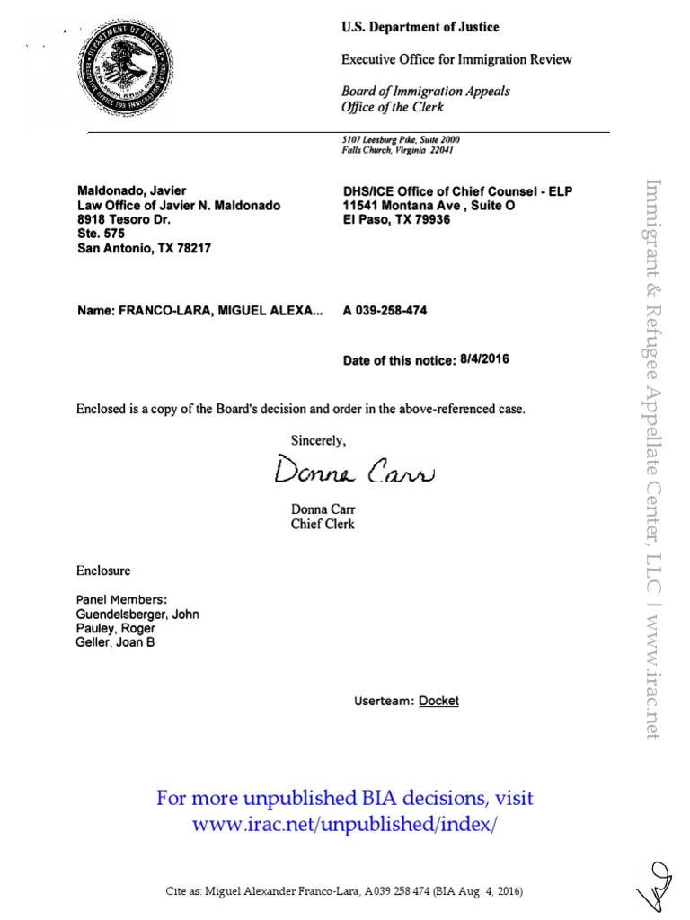 Miguel Alexander Franco-Lara, A039 258 474 (BIA Aug. 4, 2016) | PDF |  Aggravated Felony | United States Code