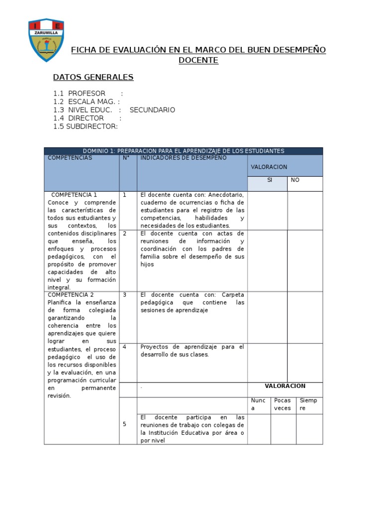 Ficha de Evaluación en El Marco Del Buen Desempeño Docente | PDF ...
