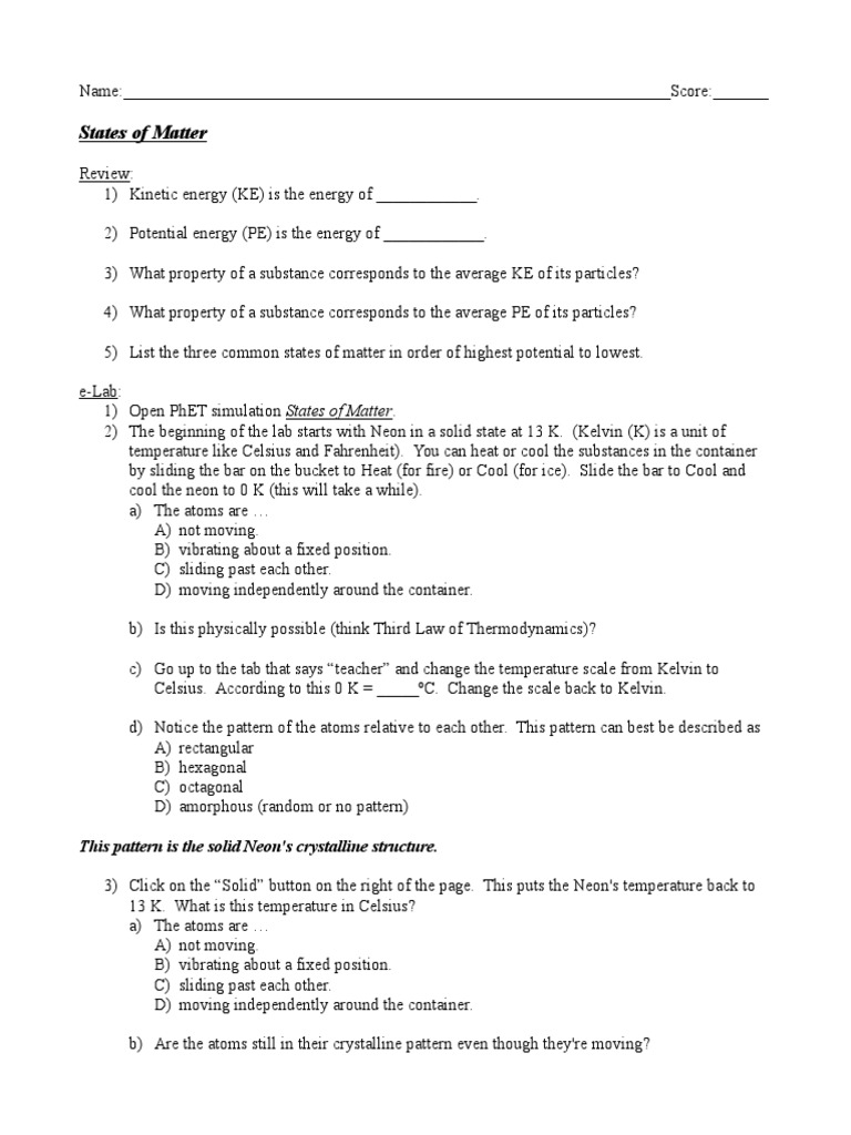 11.7 States of Matter PhET Lab PDF Temperature Matter