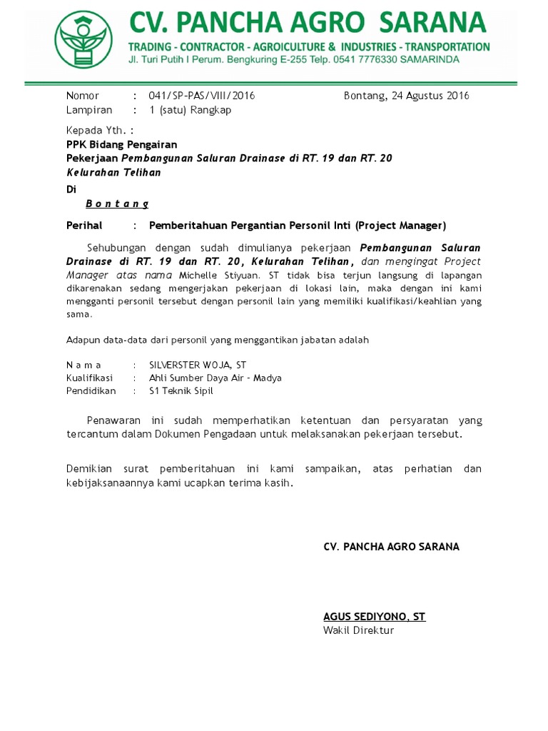 Surat Pemberitahuan Pergantian Personil