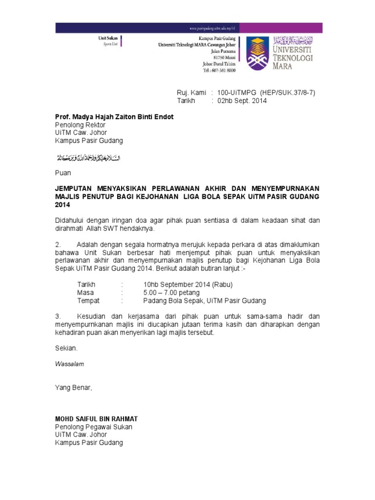Surat Jemputan Liga Bola Sepak 2014 Pdf