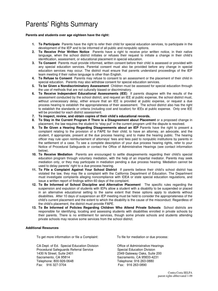 Parent Rights Abbreviated 1-09 | PDF | Individualized Education 
