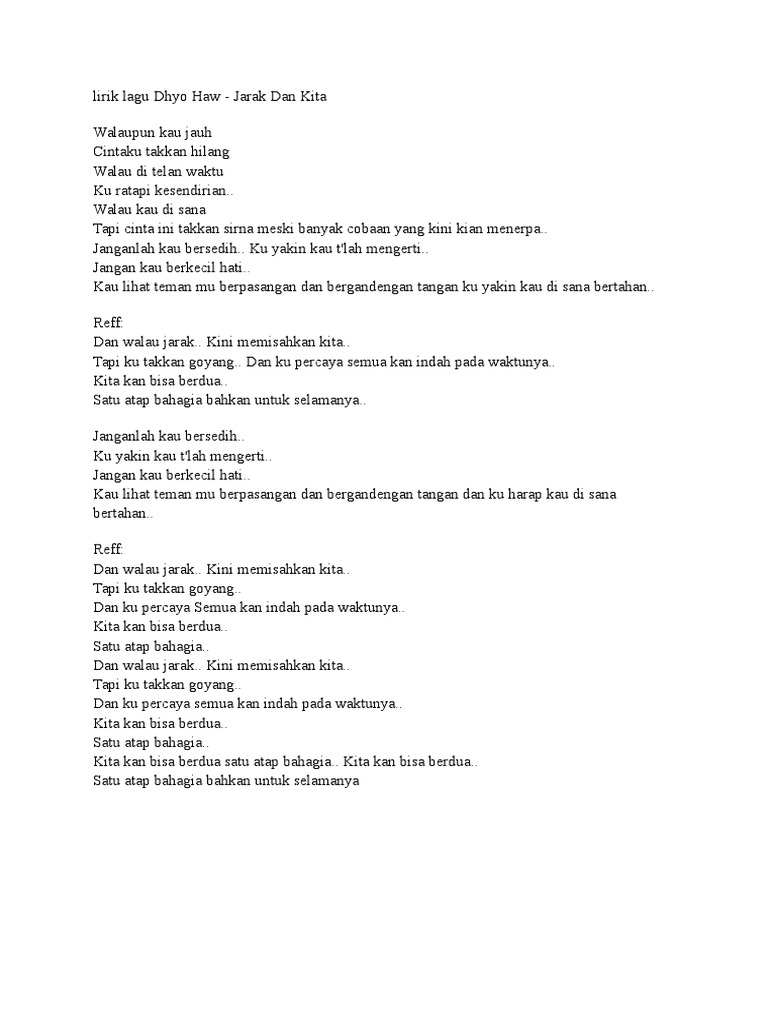 Lirik Lagu Dhyo Haw Jarak Dan Kita