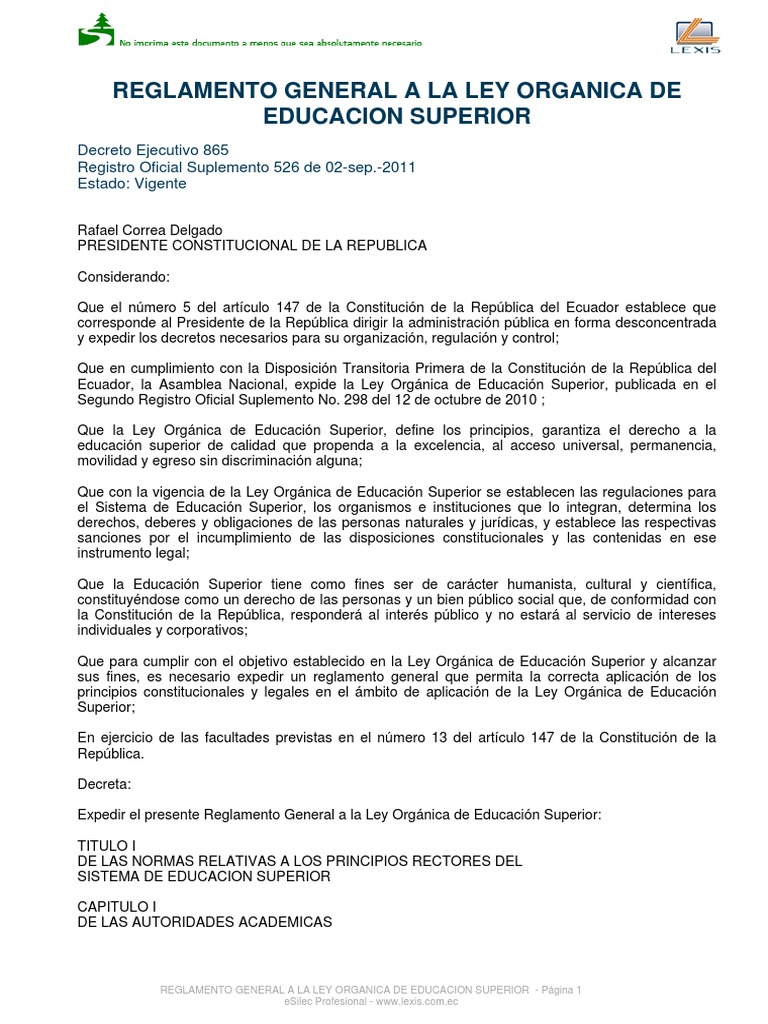 Reglamento de La Ley de Educacion Superior PDF | PDF | Educación más ...
