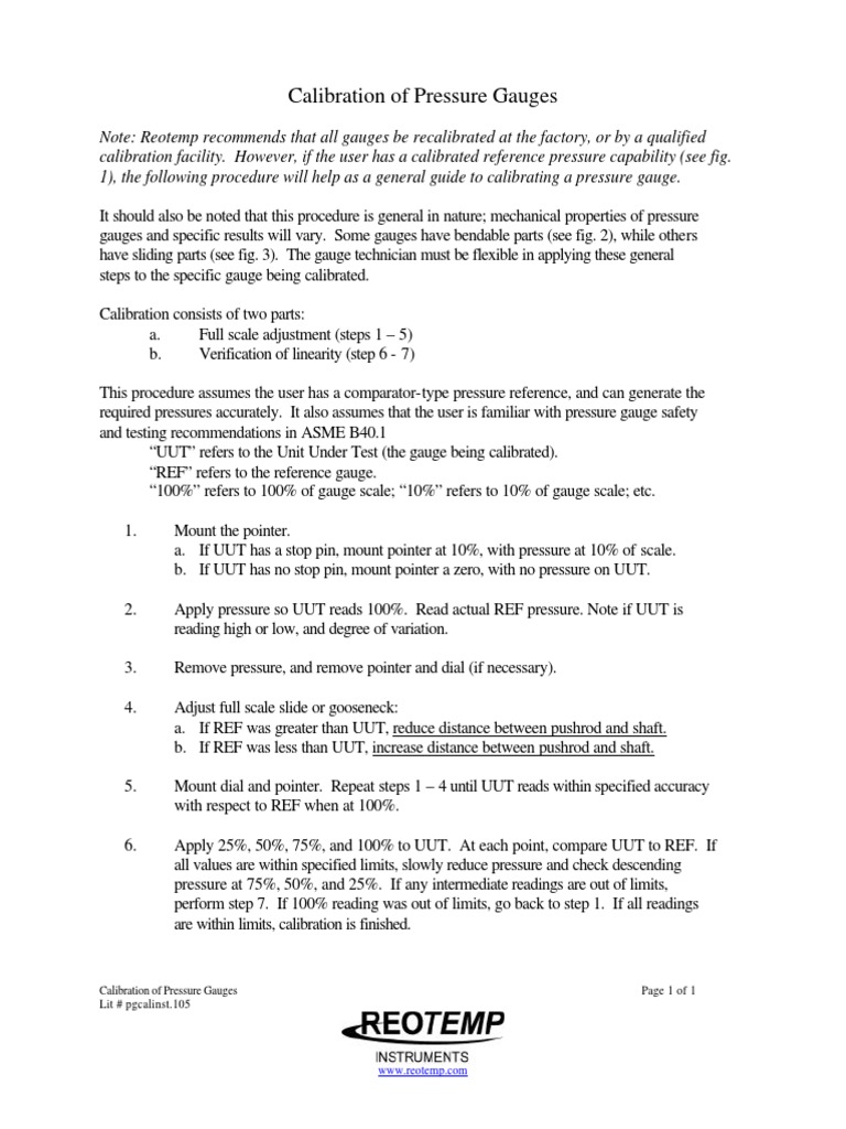 Reotemp SOP For Pressuge Gauge Calibration and Adjustment PDF PDF