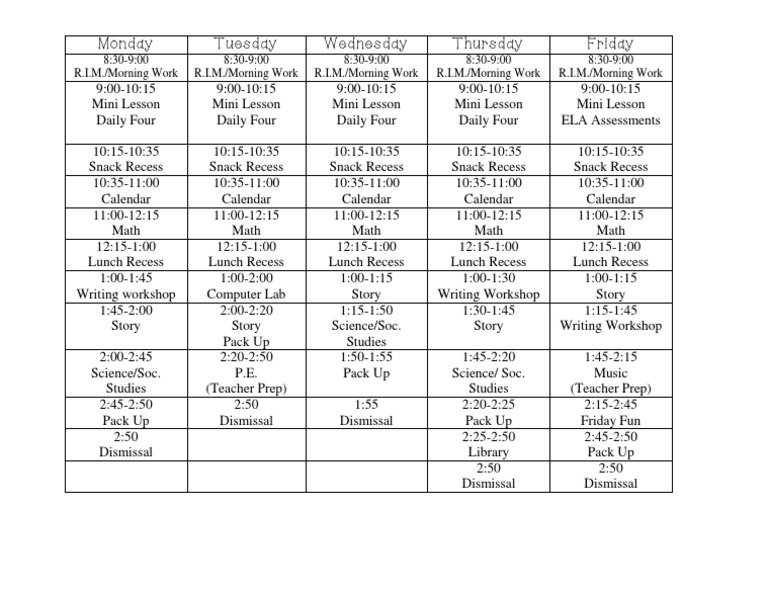 Weekly Classroom Schedule Overview | PDF | Language Arts & Discipline