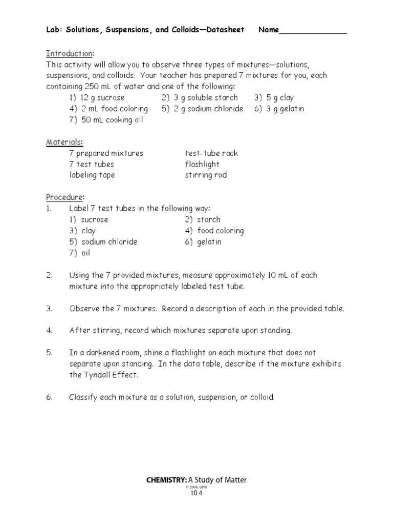 Lab: Solutions, Suspensions, and Colloids-Datasheet Name | PDF ...