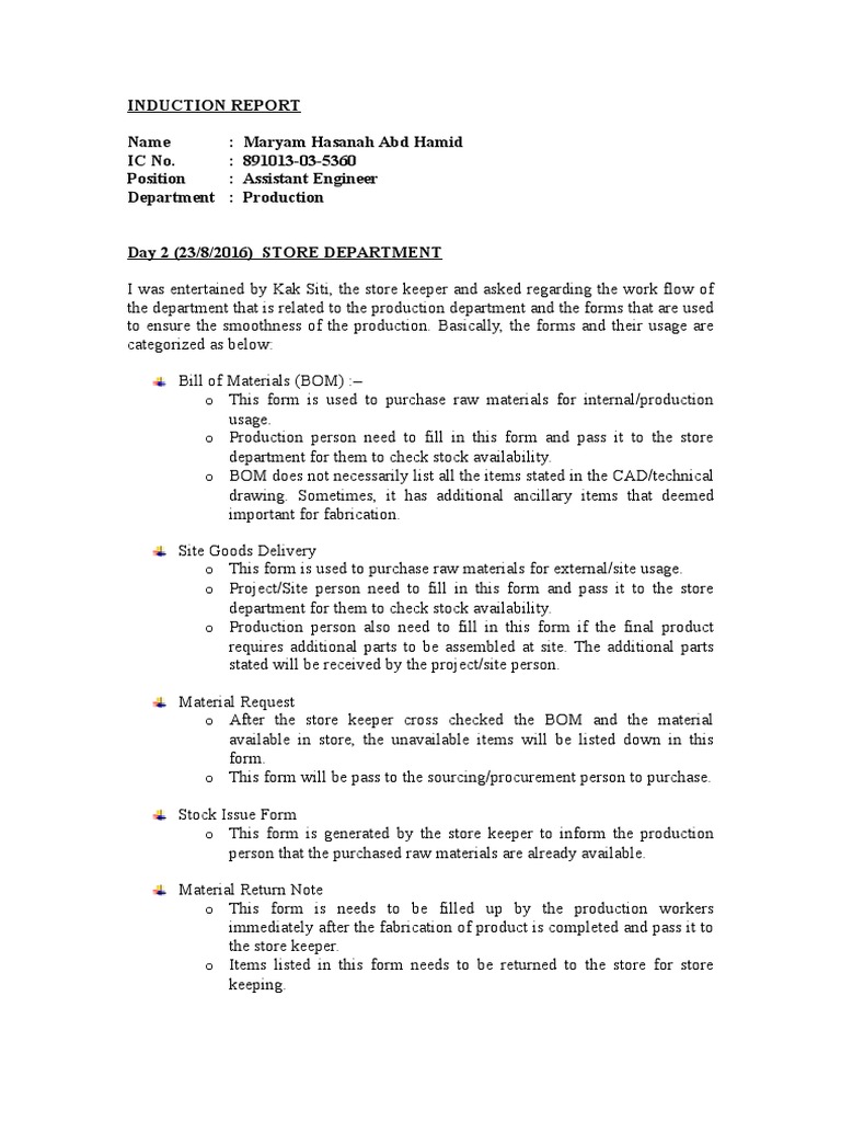 Induction Report Name: Maryam Hasanah Abd Hamid IC No.: 891013-03-5360 ...