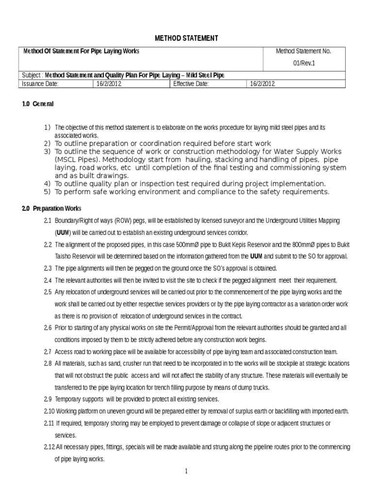 Method Statement for Steel Pipe Laying | PDF | Welding | Construction