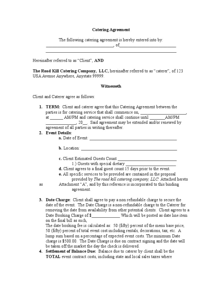 Catering Agreement Liability Insurance Private Law