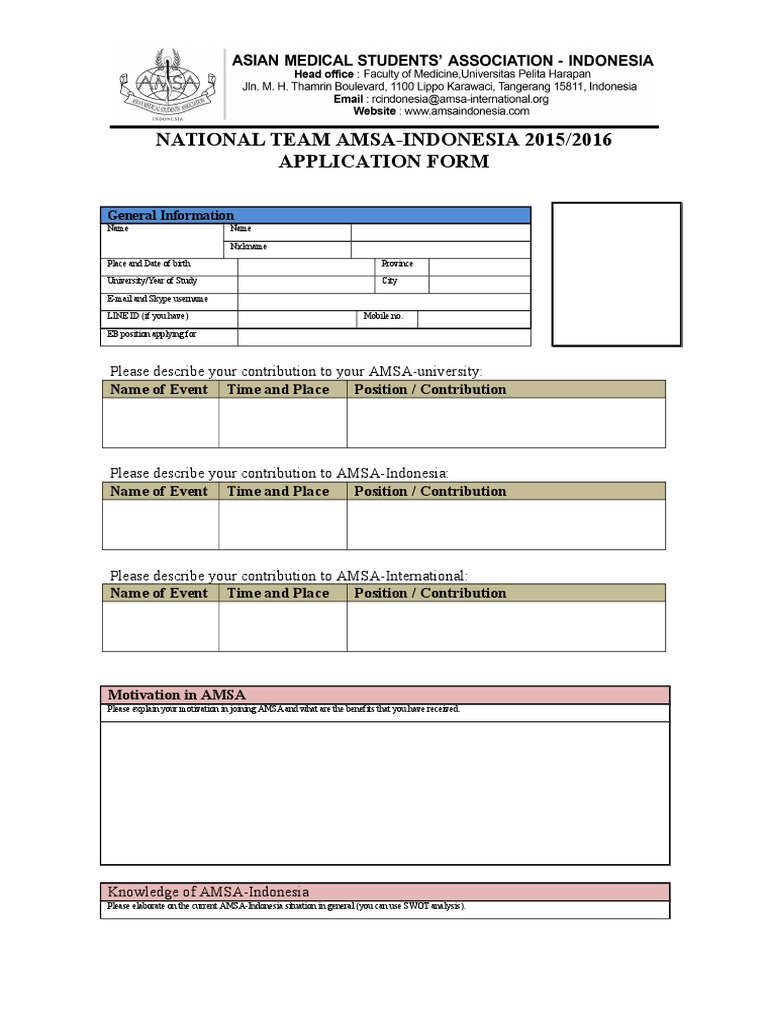 National Team Amsa-Indonesia 2015/2016 Application Form: Please ...