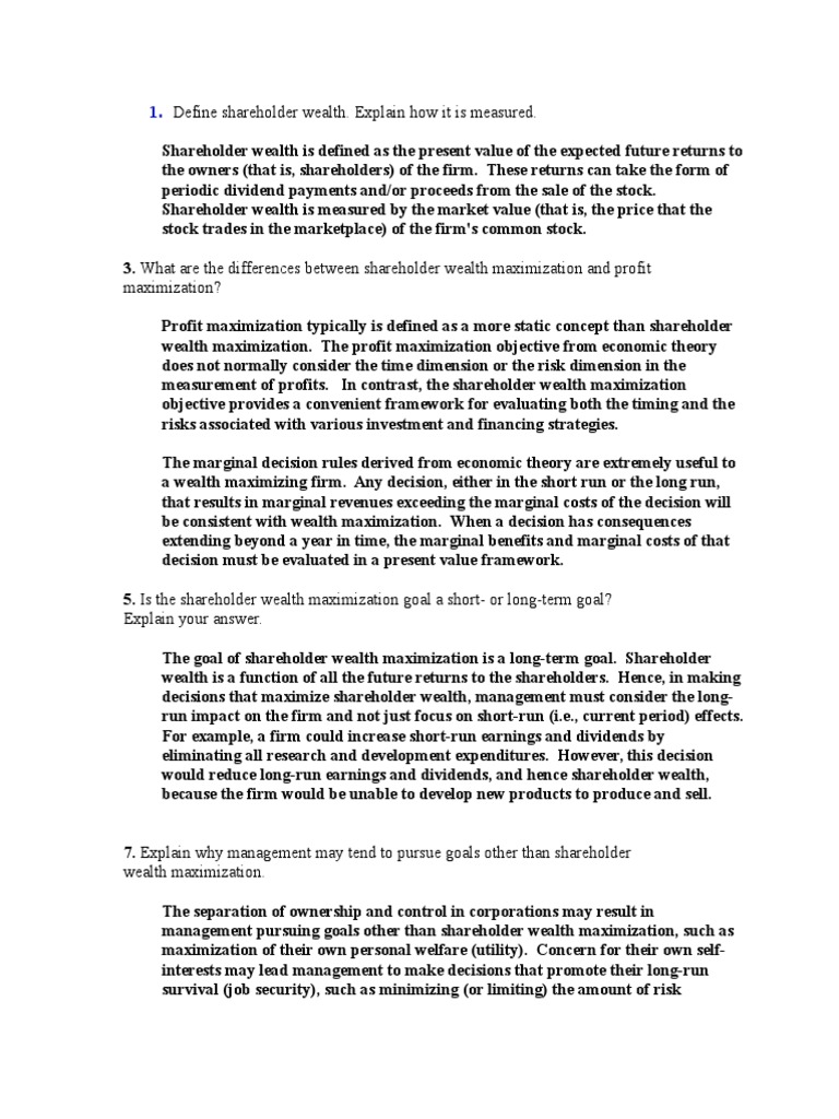 Define Shareholder Wealth. Explain How It Is Measured PDF