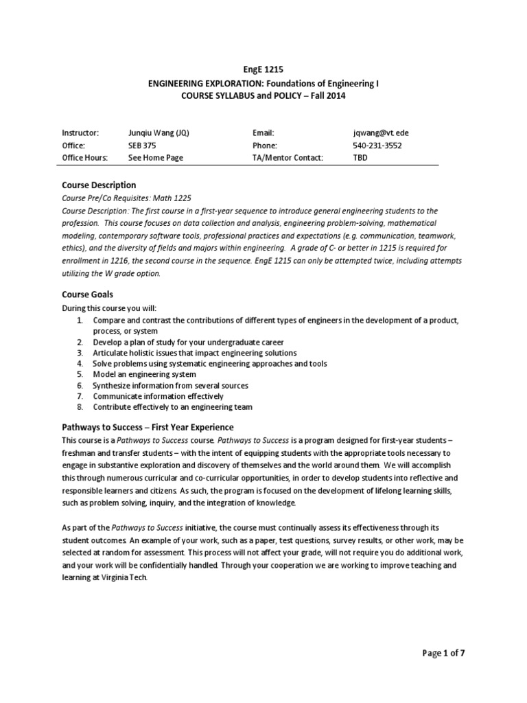 EngE 1215 Course Syllabus Overview | PDF | Academic Dishonesty | Test ...