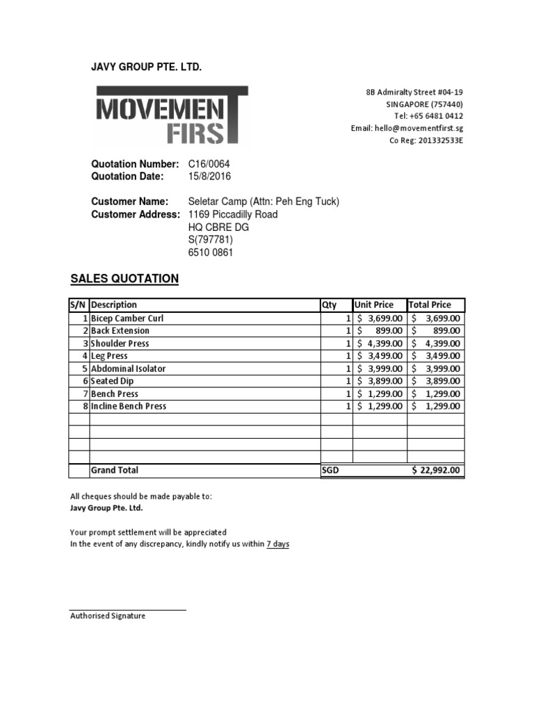 Sales Quotation for Fitness Equipment | PDF