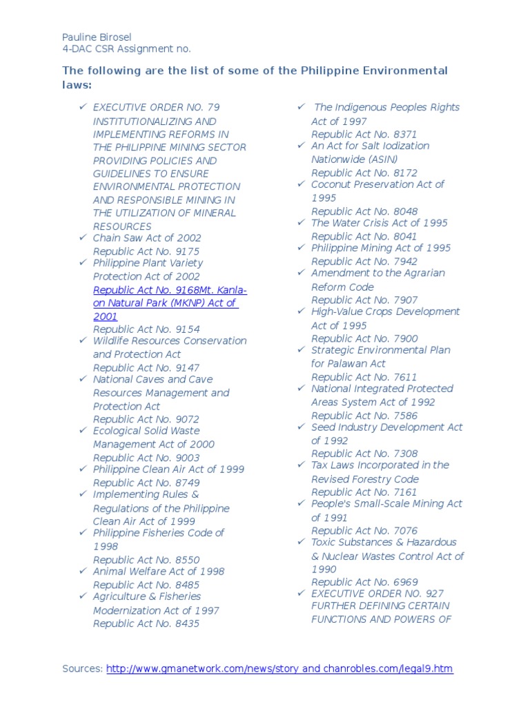 The Following Are The List Of Some Of The Philippine Environmental Laws